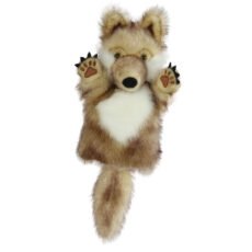 Wolf carpets glove puppet in brown/grey and white soft hairy fur on a white background