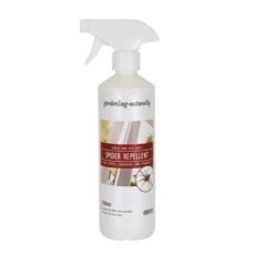 White spider repellant spray with burgandy label on white background