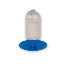 Hanging Water Drinker for birds and flying insects with a clear bottle screwed onto a blue plastic saucer on a white background