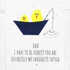 Fishing with Dad plantable seed card with a two yellow birds one big and one small fishing from a boat