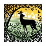 Lino cut print eco friendly card with deer and foliage in black with green and yellow background by Manda Beeching eco firendly card