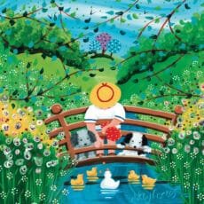 eco friendly greeting card with illustration by artist Nikky Corker of a person on a bridge with 2 dogs feeding a white duck and 4 yellow ducklings