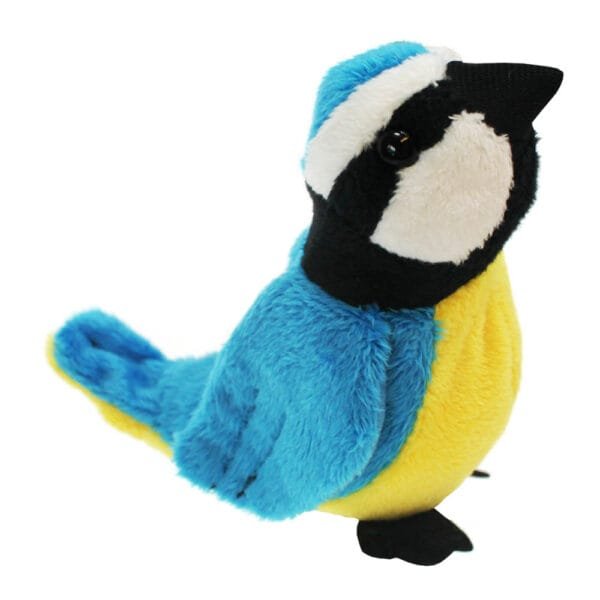 Blue Tit finger puppet from the Puppet Company facing to the right in blue, yellow, black and white colours on a white background