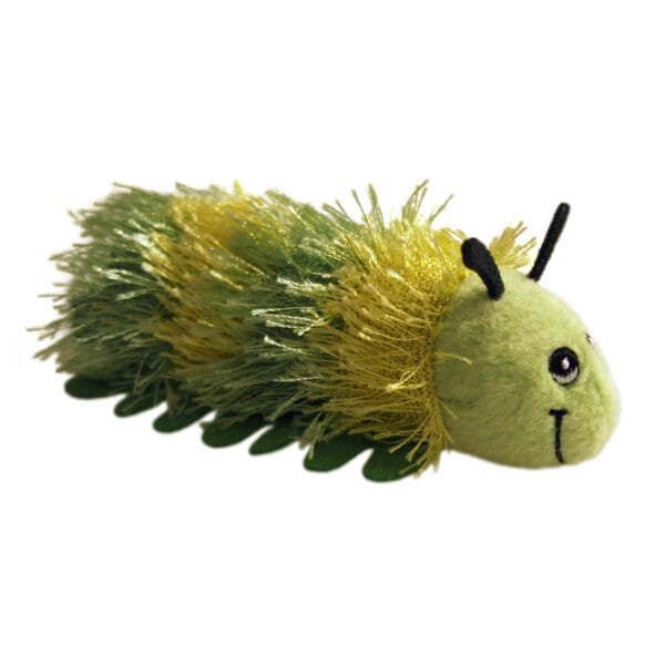 Green and yellow hairy caterpillar finger puppet with a smiley face byt the puppet company on a white background