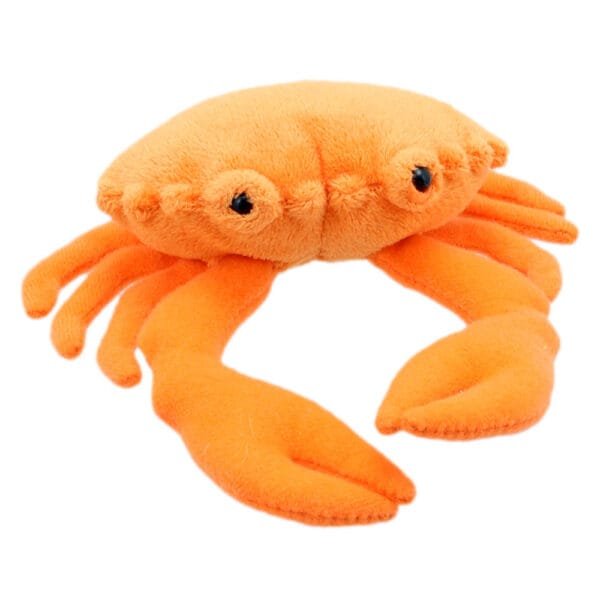 Orange crab with large fore claws finger puppet by The Puppet Company on a white background