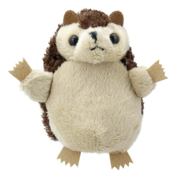 Brown and beige soft hedgehog finger puppet from The Puppet Company facing front ona white background