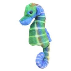 Blue and green seahorse finger puppet by the puppet company facing left on a white background