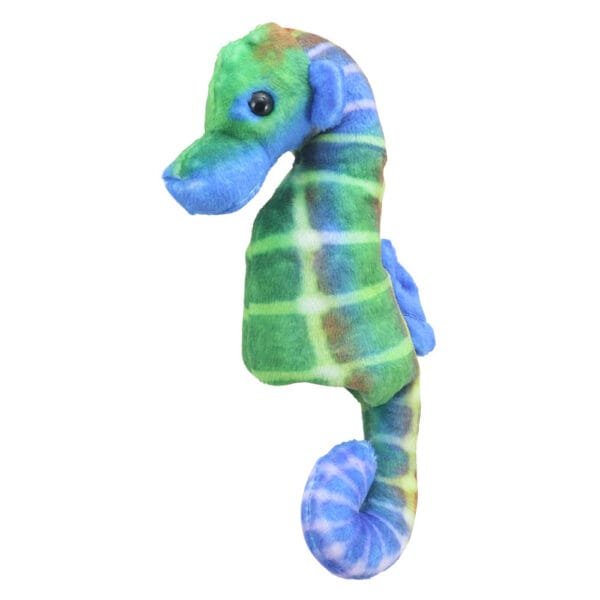 Blue and green seahorse finger puppet by the puppet company facing left on a white background