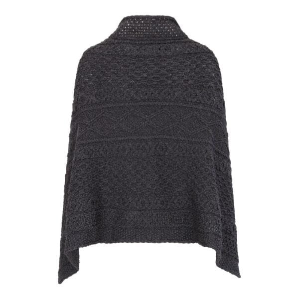 iron grey 100% merino wool Remingtom Poncho in an Aran knit on a white background back