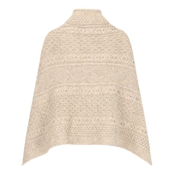 Muslin 100% merino wool Remingtom Poncho in an Aran knit on white background back