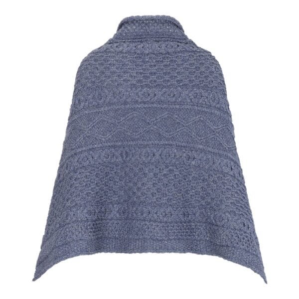 sky blue 100% merino wool Remingtom Poncho in an Aran knit on white background back