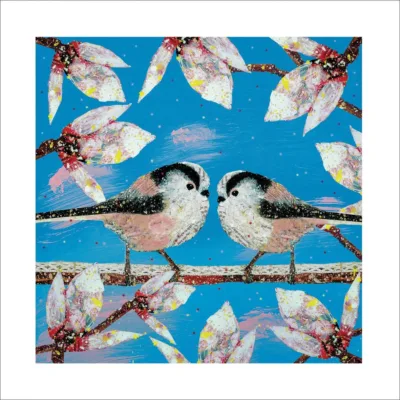 eco-friendly blank card by Adam Jame Severn with two long-tailed tits on a Magnolia against a blue background
