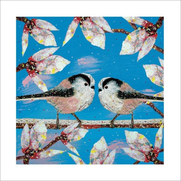 eco-friendly blank card by Adam Jame Severn with two long-tailed tits on a Magnolia against a blue background