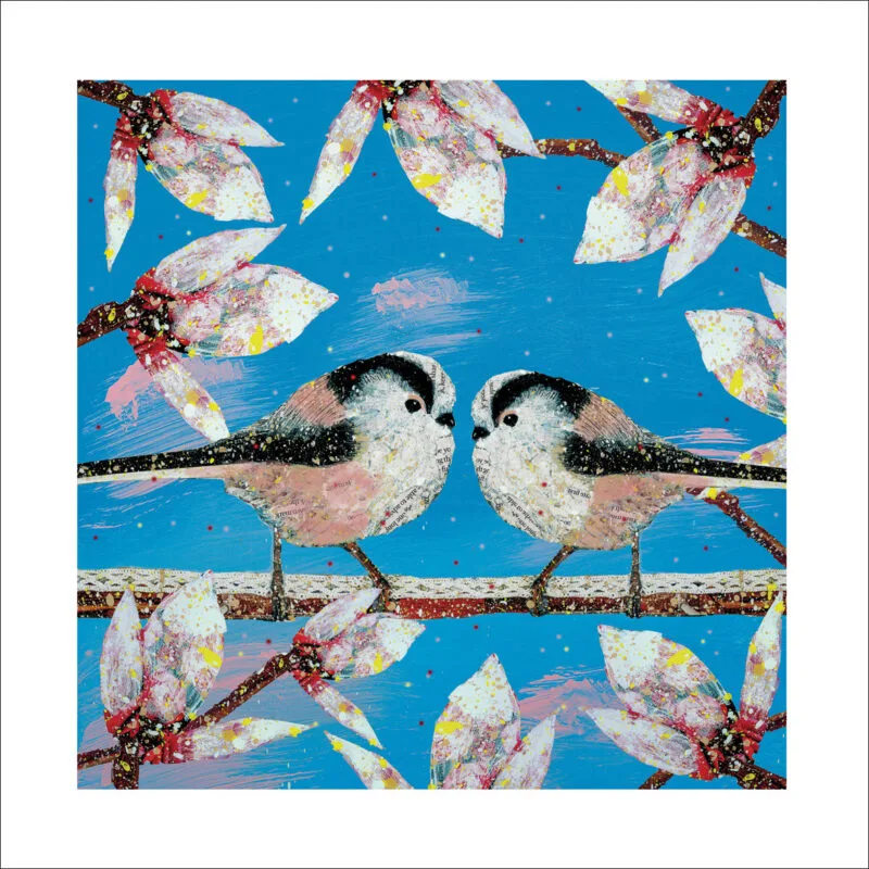 eco-friendly blank card by Adam Jame Severn with two long-tailed tits on a Magnolia against a blue background
