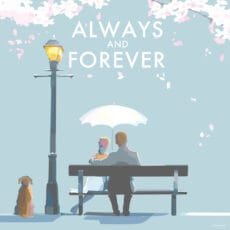 Eco friendly Becky Bettesworth card Always and Forever with a couple on a bench under cherry blossom and lampost with a dog on a blue green background