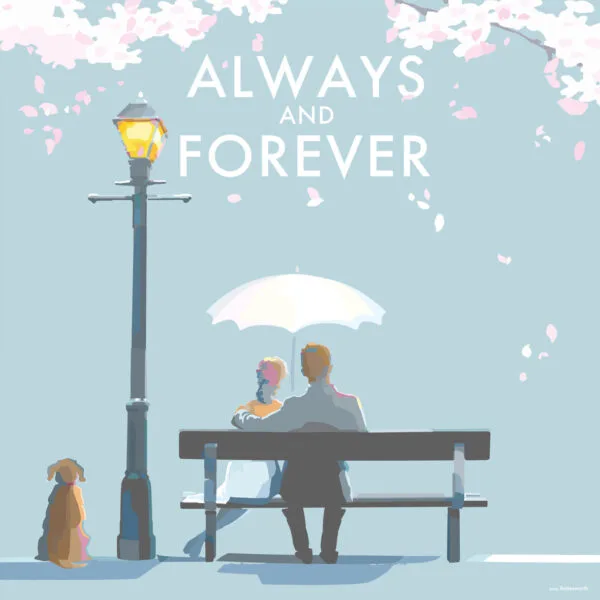 Eco friendly Becky Bettesworth card Always and Forever with a couple on a bench under cherry blossom and lampost with a dog on a blue green background