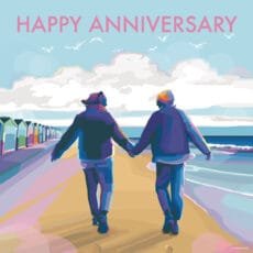 Eco friendly Happy Anniversary card real love with two people holding hands walking on a beach in a vintage travel poster style