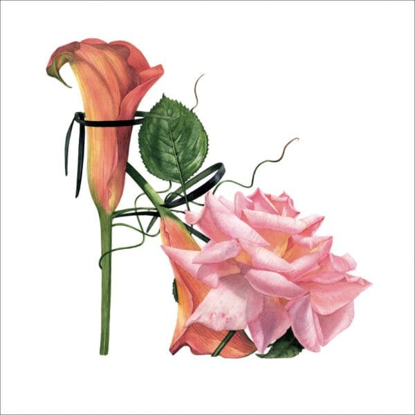 Eco-friendly blank card by Billy Showell of a shoe made from a rose at the toe and a calla lily sole and heel in pinks and greens