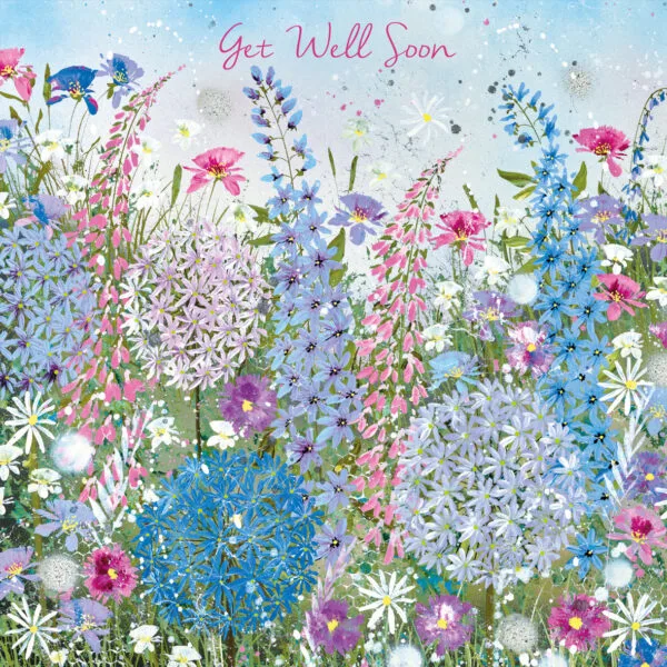 Eco friendly get well soon card with delphiniums, daisies and agapanthus by Jane Morgan