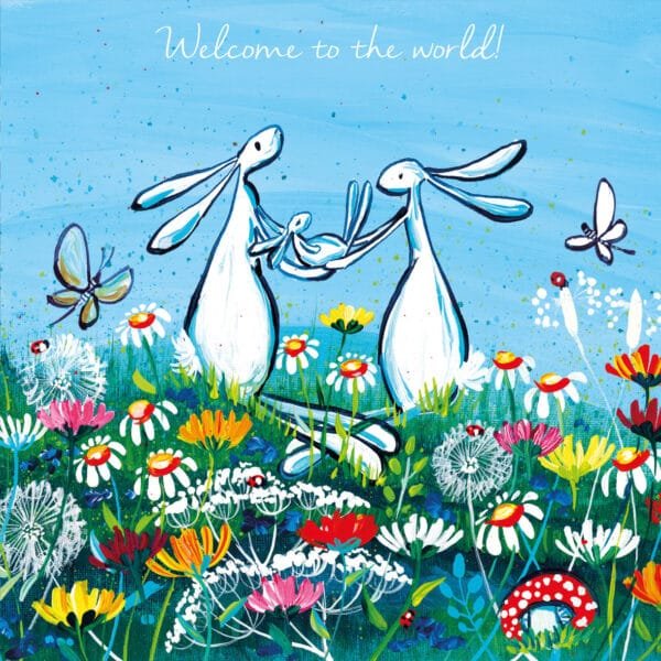 New baby eco-friendly greeting card by KAte Andrew with white hares holding a baby hare on a meadow on a blue background with the worlds welcome to the world