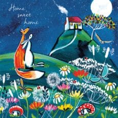 Eco friendly card by Kate Andrew with a fox and hare in a meadow looking at their new house on another hill at night