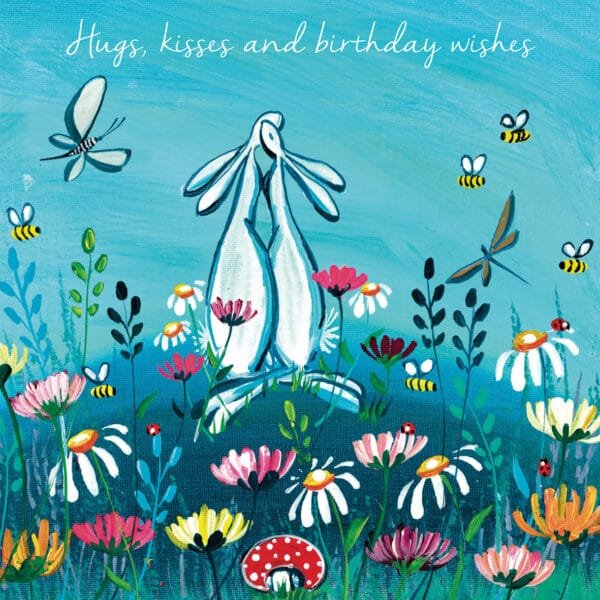 eco friendly Happy Birthday card by Kate Andrew with hugging hares in a meadow and the words Hugs, kisses and birthday wishes written above