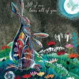 Romantic eco friendly greeting card by Kate Andrew with two hares cuddling in a meadow at night