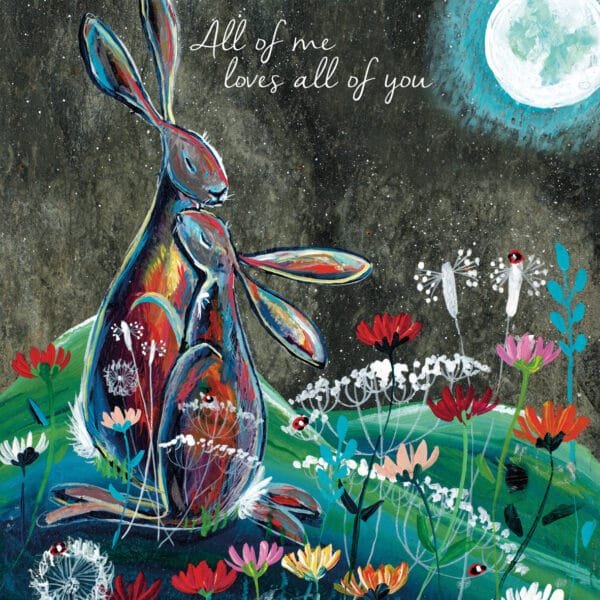 Romantic eco friendly greeting card by Kate Andrew with two hares cuddling in a meadow at night