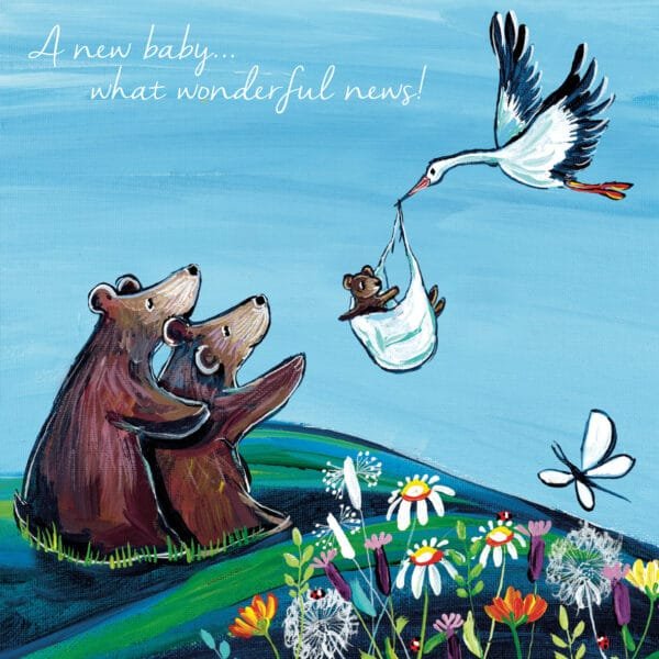 Eco-friendly New Baby card by Kate Andrews with 2 bears on a hill receiving a baby bear from a stork with the words A New Baby What Wonderful News