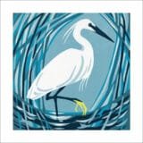 Lino Cut of a Little Egret facing right by Manda Beeching in reeds with the egret in white and the background a reeds in black and blue greeting card