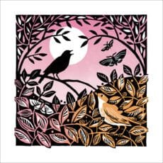 Lino cut in black brown and predominantly pink purple of two nightingales in a tree once signing surrounded by moths greeting card by artist Manda Beeching