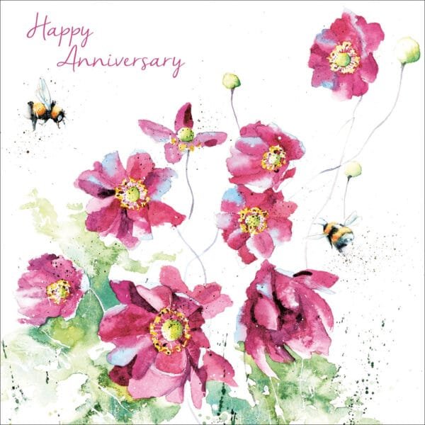 eco-friendly Happy Anniversary card by Rachel Toll with deep pink Japanese Anemones and bumblebees