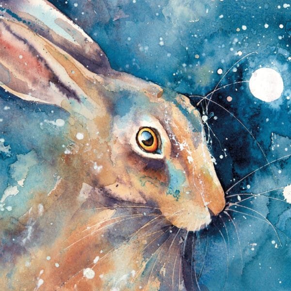 Eco friendly card depicting a hare looking right with a night sky and moon in the backgrouns by rachel toll