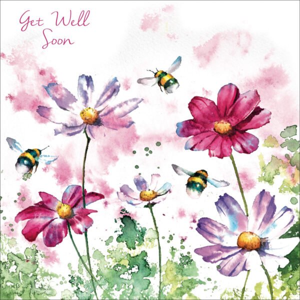 Eco friendly get well soon card with Bumble bees and pink Cosmos flowers by Rachel Toll