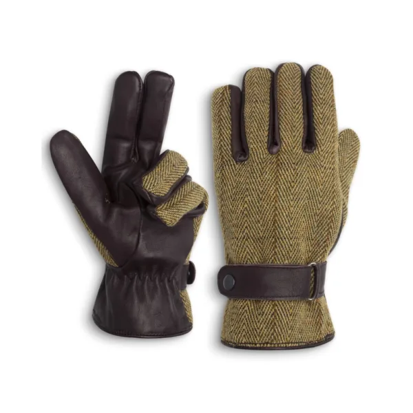 A pair of brookmore tweed gloves the left showing a leather palm with the last two digits turned down, the right hand side shows the light sage tweed top