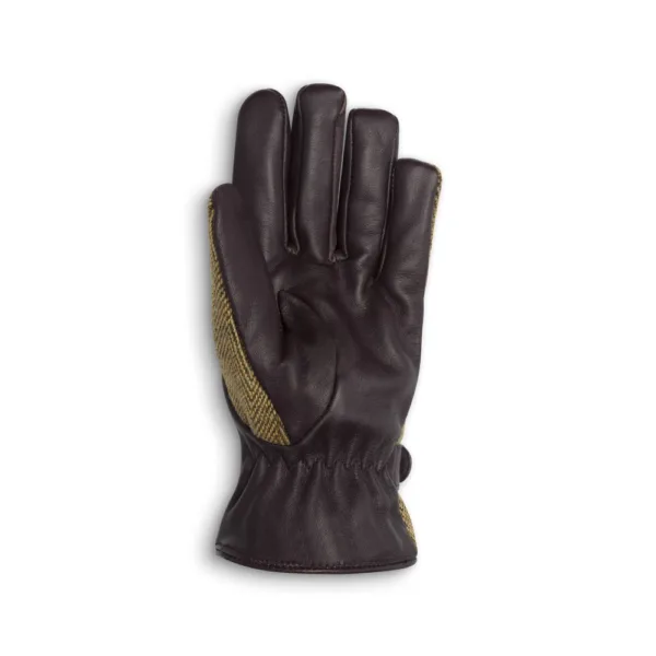 Dark brown leather palm of the brookmore tweed gloves