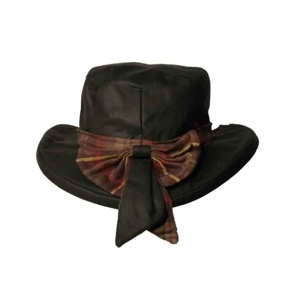 Thelma Riding Style Hat back view of tartan bow on white background