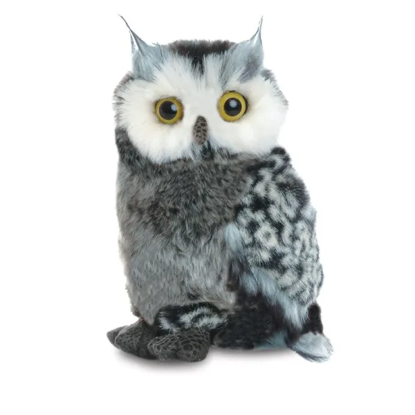 Aurora World Flopsie Great Horned Owl in greys and white faux fur fabric on a white background