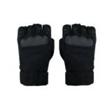 top side of the knuckle guard fingerless gloves in black on a white background