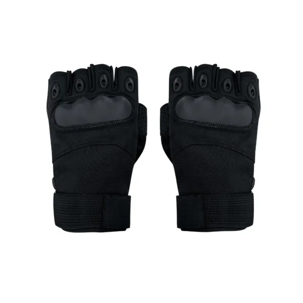 top side of the knuckle guard fingerless gloves in black on a white background