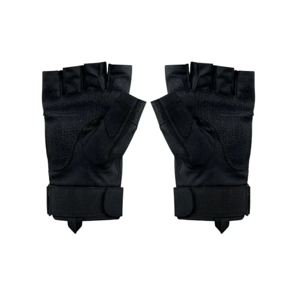 Palm side of the knucklegarde fingerless gloves in black on a white background