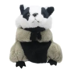 Badger finger puppet by the puppet company the badger is sitting up showing a black belly grey legs, white and black stripes face and black ears on a white background