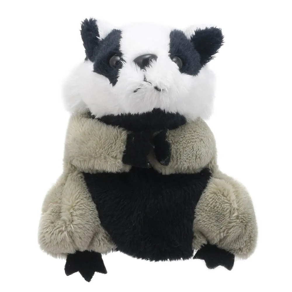 Badger finger puppet by the puppet company the badger is sitting up showing a black belly grey legs, white and black stripes face and black ears on a white background