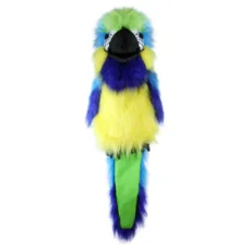 blue and gold macaw large bird puppet by the puppet company in blue, yellow, green, white, and black colours on a white background