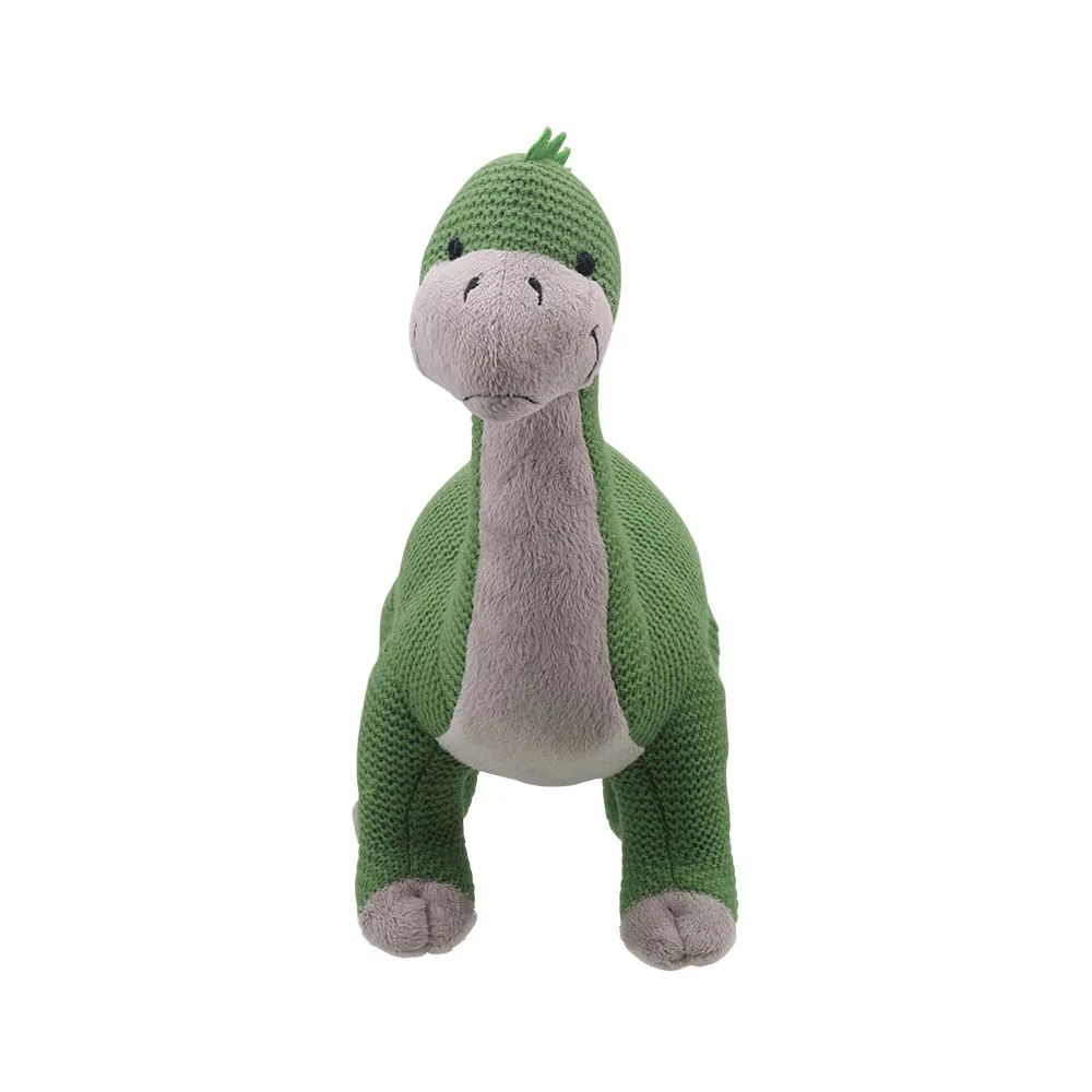 Green knitted Brontosaurus from the Willberry Knitted range. With soft green knitted fabric and beige cloth for muzzle, chest and feet against a white background facing forward