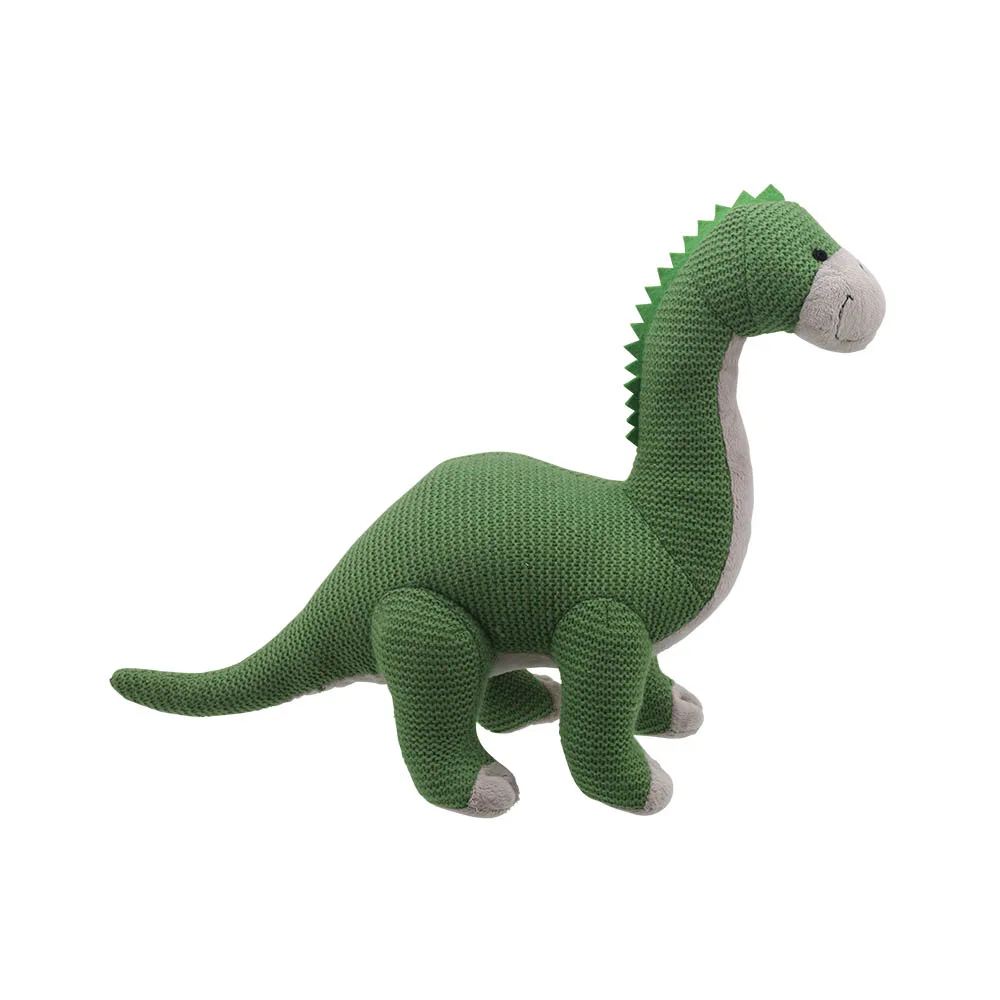 Green knitted Brontosaurus from the Willberry Knitted range. With soft green knitted fabric and beige cloth for muzzle, chest and feet against a white background side view facing right