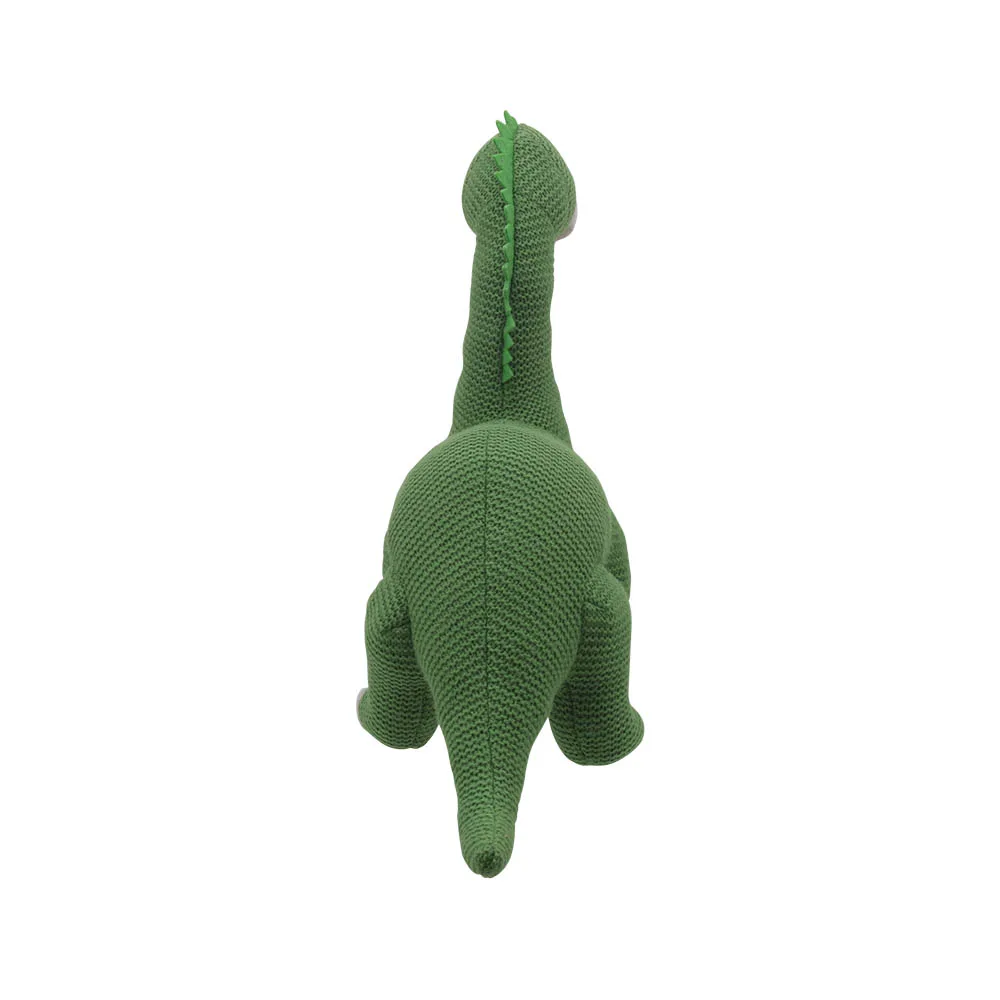 Green knitted Brontosaurus from the Willberry Knitted range. With soft green knitted fabric and beige cloth for muzzle, chest and feet against a white background back view