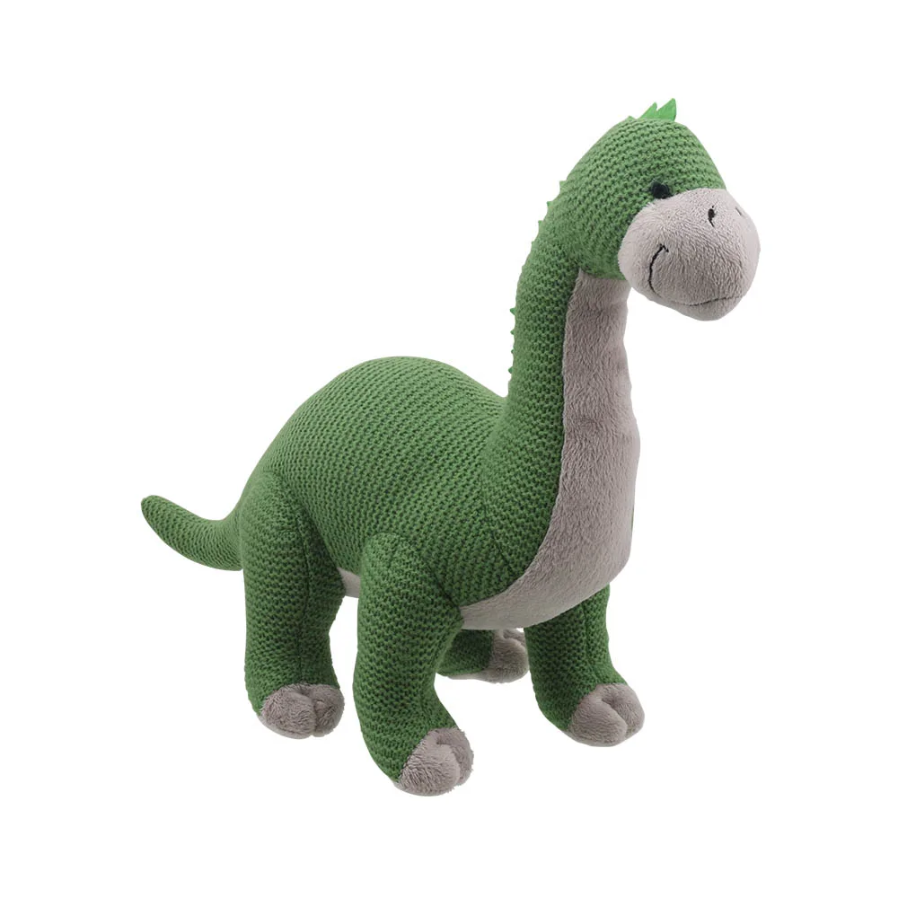 Green knitted Brontosaurus from the Willberry Knitted range. With soft green knitted fabric and beige cloth for muzzle, chest and feet against a white background