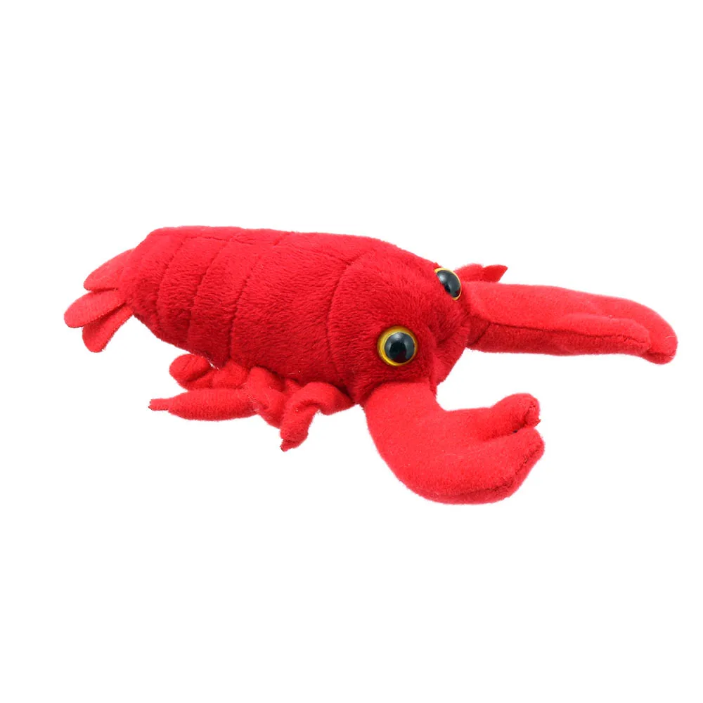 Red lobster finger puppet from the puppet company, cute lobster in red plush fur on a white background