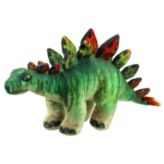 Natural History Museum's Stegosaurus soft toy by The Puppet Company. Mostly greens and browns on the body with oranges and reds on the soft spines. On a white background facing left with yellow and black embroidered eye